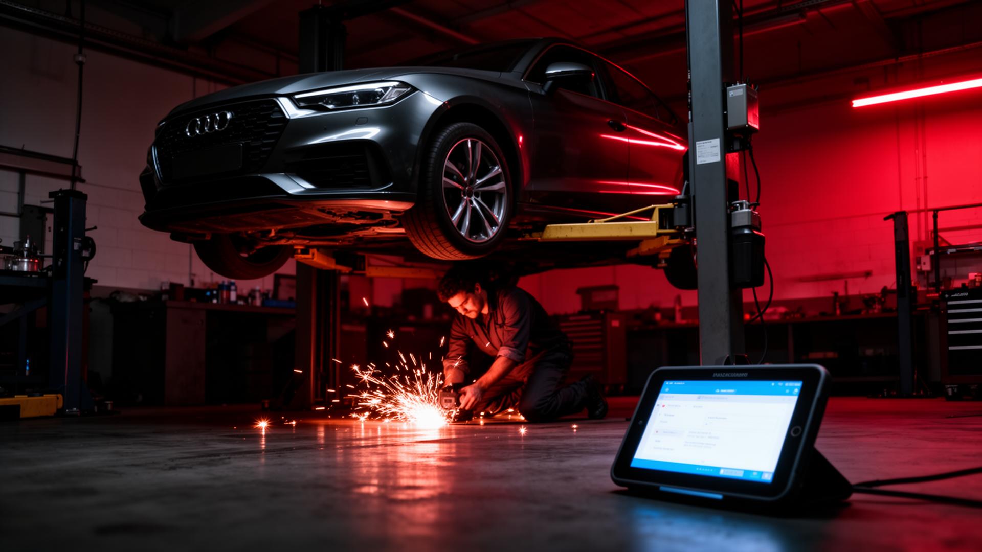 Modern car on lift in John Wire Auto Garage workshop
